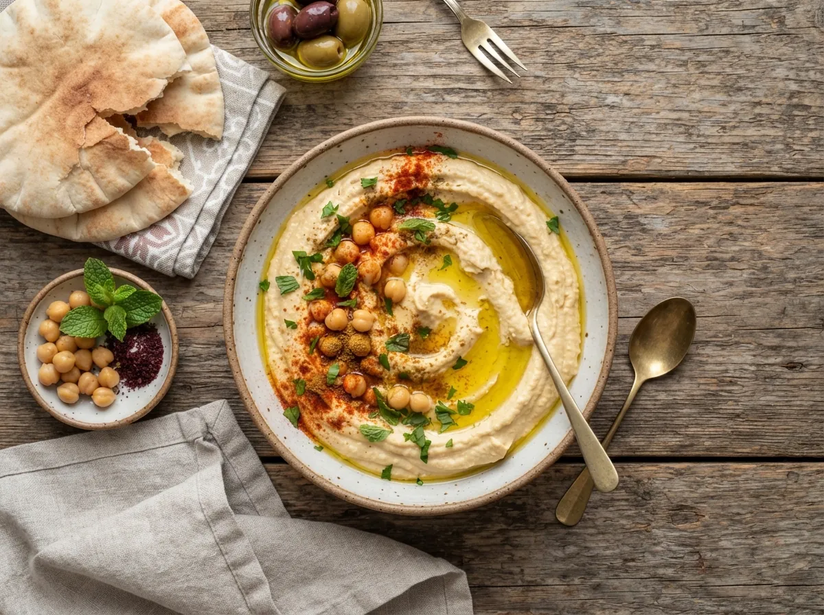 حمص جدتي بالطحينة وزيت الزيتون
