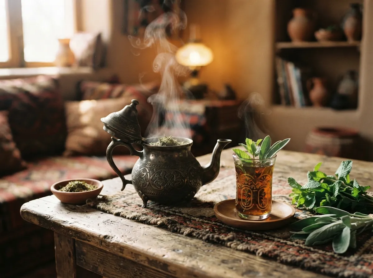 شاي زعتر بري وإبريق نحاسي